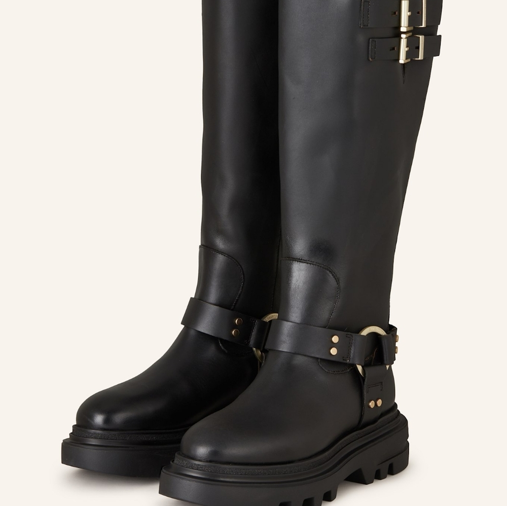 All Saints Jade Black Combat Harness Boots with Sleek Silhouette Sz 6